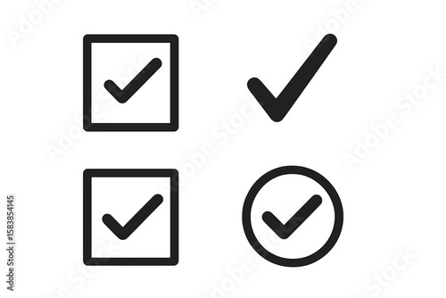 Modern Check Mark Icon Set. Vector Checklist Symbols. Square and Circle Checkbox Icons. Profile Verification, Task Completion, Approval, Success, Confirm, Done, UI Elements for Websites and Apps