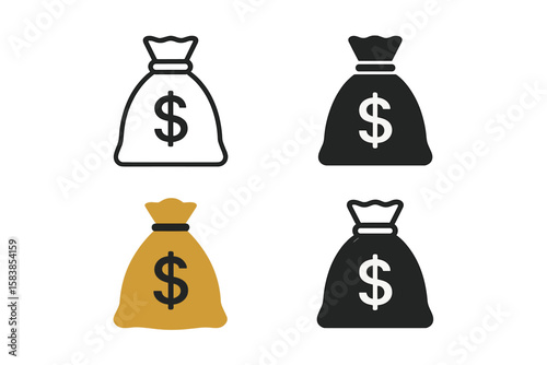 Set of 4 Money Bag Icons, Line and Flat Style, Black, White, and Gold Sack Symbols, Dollar Sign Money Bags Vector Illustration on Transparent Background