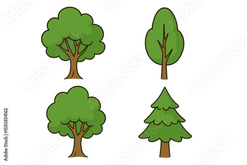 Set of Cartoon Green Tree Vector Illustrations for Animation and Video Design, Lush Foliage, Deciduous and Coniferous Trees, Stock Clipart, Transparent Background Elements