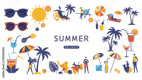 A cheerful summer vacation collection depicts beach umbrellas, sunglasses, palm trees, refreshing drinks, and relaxed people in a sunny holiday mood.