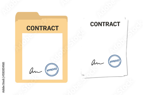 Signed contract with approved stamp. Business agreement and partnership concept. Legal document in a folder. Paperwork for a successful deal. Vector illustration.