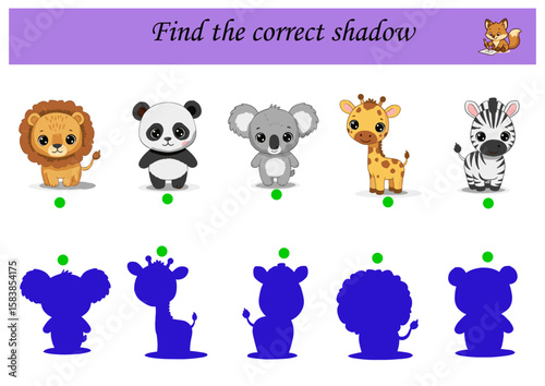 Cartoon animals with shadows matching game for kids,Find the correct shadow	  