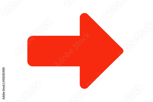 Bold Red Right Arrow Symbol. Large Directional Pointer Icon. Navigation Forward Sign. Flat Rounded Geometric Shape. Traffic Guide Indicator. Modern Simple Infographic Element. Vector Isolated Clipart.
