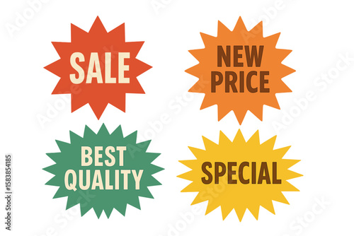Set of 4 Retro Sale Stickers and Price Tags, Starburst and Sunburst Badges, Quality Marks, Attention Grabber Vector Elements, Flat Design Speech Bubbles, Vintage Style