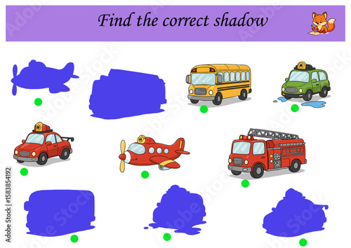 Cartoon animals with shadows matching game for kids ,Find the correct shadow	