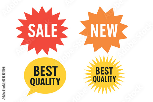 Set of 4 Sale Stickers, Price Tags, Starburst and Sunburst Badges, Retro Style Quality Marks, Flat Vector Design Elements, Starburst Speech Bubbles and Attention Grabbers