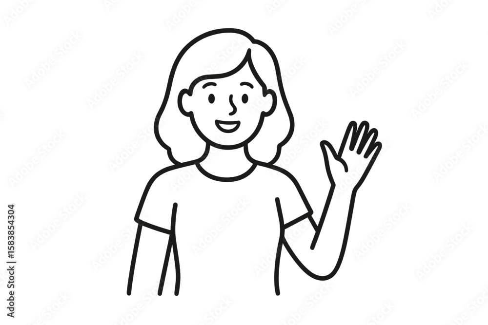 Vector Illustration of Woman Waving Hand, Friendly Gesture, Simple Line Art, Female Character, Communicative Pose, Greeting Symbol, Communication Concept, Isolated Transparent Background Vector Illustration of Woman Waving Hand, Friendly Gesture, Simple Line Art, Female Character, Communicative Pose, Greeting Symbol, Communication Concept, Isolated Transparent Background