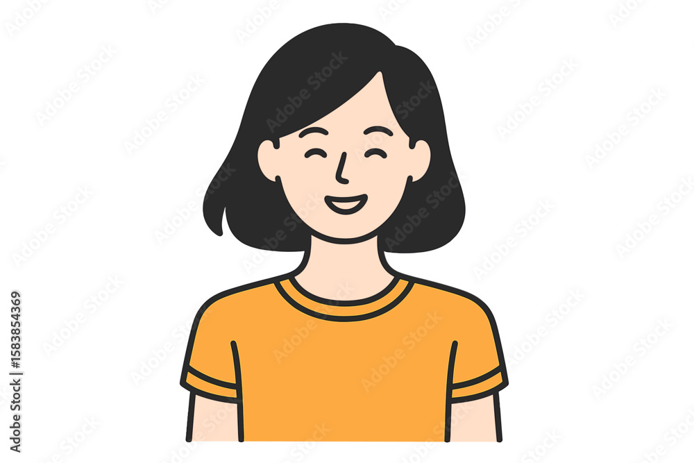 Modern Female Character Avatar Illustration, Black Bob Hairstyle, Orange T-Shirt, Editable Vector, Isolated on White, Minimalist Flat Style Portrait, Clean Graphic Resource, Diverse Usage Modern Female Character Avatar Illustration, Black Bob Hairstyle, Orange T-Shirt, Editable Vector, Isolated on White, Minimalist Flat Style Portrait, Clean Graphic Resource, Diverse Usage