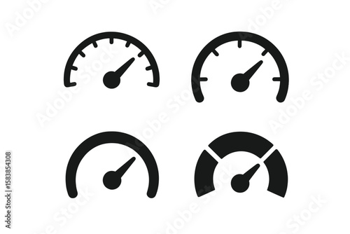 Speedometer Gauge Icon Set. Black Dashboard Speed Indicators with Arrows. Fast Internet Speed, Performance Meter, Tachometer, Scale, Credit Score, Measurement, Vector Illustration