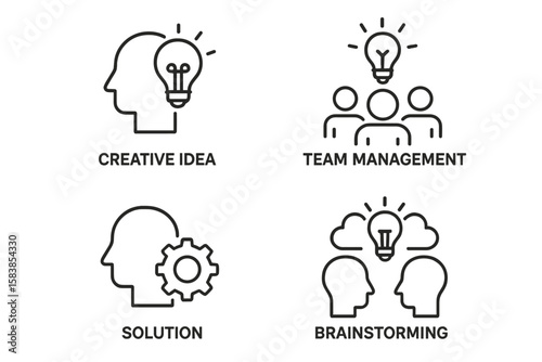 Set of 4 creative business icons in thin line style. Concepts of creative idea, team management, solution, and brainstorming for web and mobile applications. Innovation.