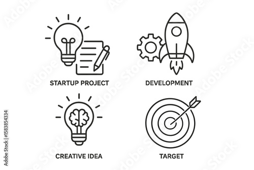Set of 4 Startup Project Vector Icons in Modern Line Style – Creative Idea, Business Development, Innovation, Target Achievement, Brainstorming, Rocket Launch, Planning, Goal Setting