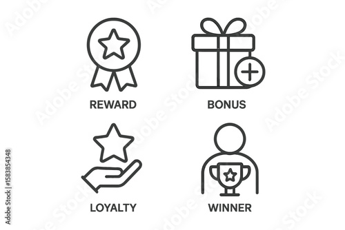 Benefit and reward icon set. Line icons for loyalty program, customer bonus, winner prize, and achievement award. Vector symbols for web, gift, incentive, and success.