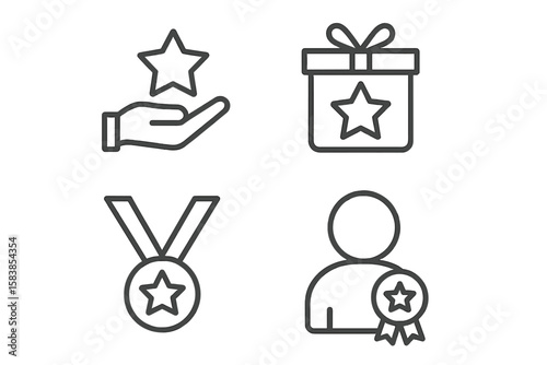 Benefit and reward vector icon set in thin line style. Customer loyalty program bonus symbols. Exclusive offer, winner prize, achievement award, incentive gift linear icons.