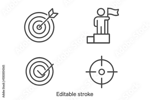 Business Goal and Achievement Line Icons Set. Target, Mission Success, Winner Podium, Crosshair, Aim, Bullseye, Focus, Objective, Accomplishment, Success Concept, Editable Stroke Vector Illustration
