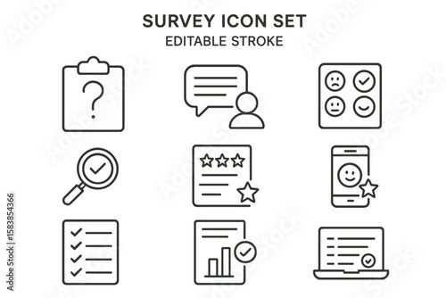 Survey and Feedback Vector Icon Set. Linear Web Icons for Questionnaire, Poll, Opinion, Satisfaction, Rating, Research, Review, Checklist, Analysis, Task, Mobile Survey, Communication, Data Report