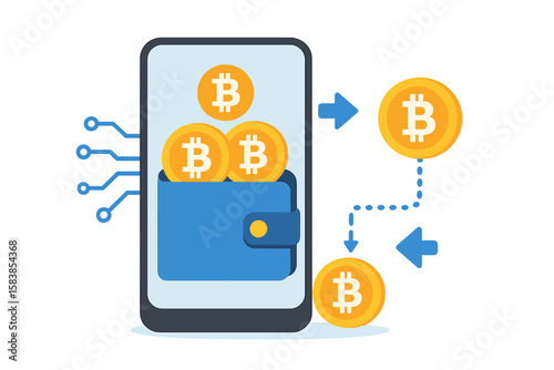 Crypto wallet for digital bitcoin storage on a mobile phone. Cryptocurrency transaction and payment concept. Blockchain technology for secure finance and electronic money transfer.