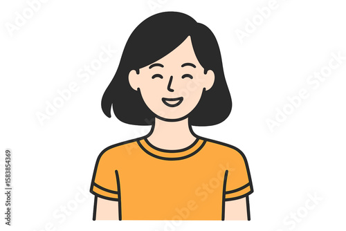 Modern Female Character Avatar Illustration, Black Bob Hairstyle, Orange T-Shirt, Editable Vector, Isolated on White, Minimalist Flat Style Portrait, Clean Graphic Resource, Diverse Usage