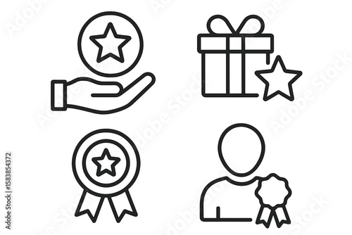 Benefit icon set in thin line style. Exclusive benefits linear icon collection. Concepts for customer loyalty program, reward, bonus, special offer, gift and prize.