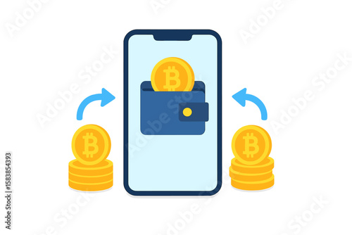 Crypto wallet on mobile phone screen. Bitcoin cryptocurrency transaction concept. Digital money transfer and blockchain technology. Online payment and fintech e-wallet vector.