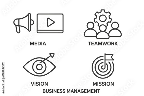 Business management vector icon set. Media, teamwork, vision, mission concepts. Thin line icons for marketing, communication, collaboration, strategy, planning, goal, target.