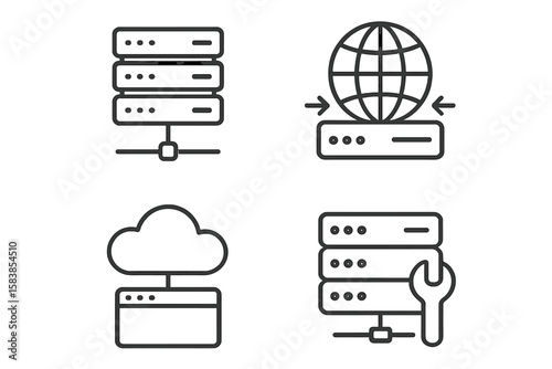 Modern Web Hosting and Cloud Computing Icons Set. Line Style Vector Illustrations of Server, Data Exchange, Cloud Storage, Domain Management, and Website Maintenance for Web and Mobile Applications