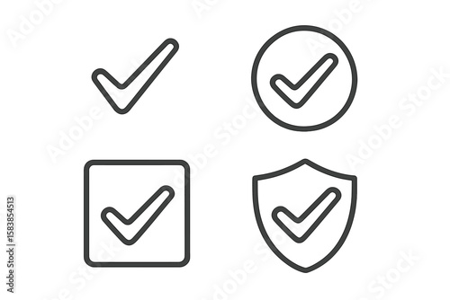 Check mark line icon set. Tick, approve, and validation symbols. Quality control, security shield, and correct choice icons for web and mobile app user interface design.