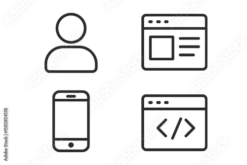 Modern Line Style Web and Mobile Interface Icons Set – User Profile, Website Layout, Mobile Device, Coding Window – Minimalist UI/UX Symbols for App and Web Design