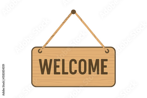 Welcome Signboard Hanging on Rope, Wooden Door Plaque, Isolated Transparent Background, Business Storefront Entrance, Open Sign, Hospitality, Shop Decor, Retail Welcome Message, Vector Illustration