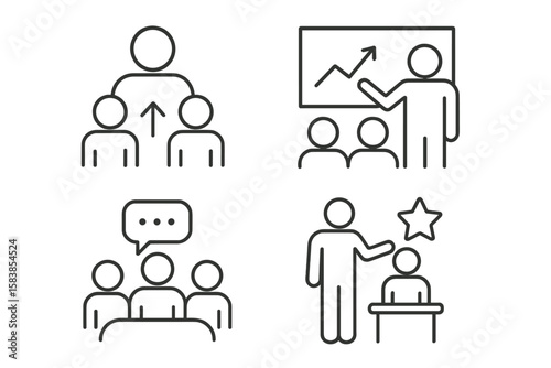 Business Workshop Line Icon Set. Team Building, Teamwork, Coaching, Meeting, Leadership, Employee Training, Corporate Presentation, Staff Development, Mentor, Conference, Collaboration, Management