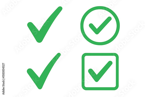 Check mark vector icon set. Green tick symbol collection for checklist design. Correct, yes, ok, approved sign. Success, complete, pass button. Simple flat vote choice symbol.