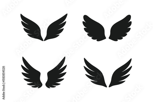 Set of 4 Black Wings Icons, Bird and Angel Wing Elements, Vector Collection of Different Wing Shapes, Silhouettes on Transparent Background, Vector Illustration