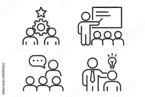Business Workshop and Team Building Line Icons Set. Leadership, Teamwork, Coaching, Training, Brainstorming, Management, Communication, Collaboration. Corporate Meeting Vector Illustration
