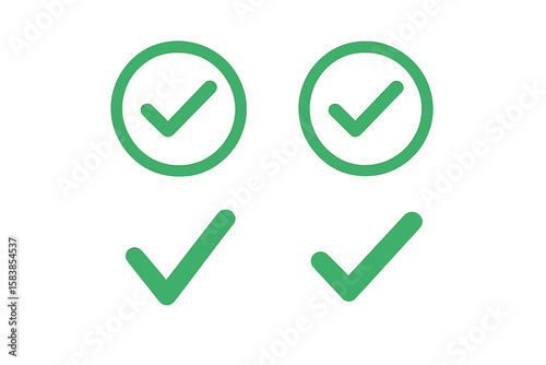 Green check mark vector icon set. Simple tick symbol. Correct vote choice. Accept, okay, yes sign. Approval, success, confirmed concepts. Checklist, task done. Verified.