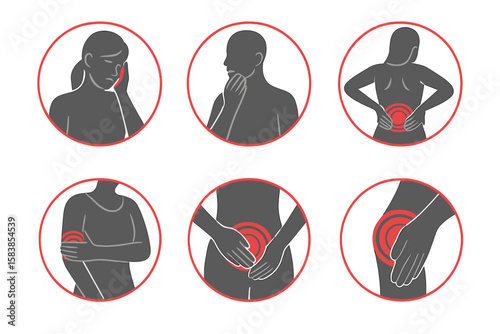 Pain localization icon set. Red circles mark human pain. Vector symbols for headache, toothache, back, menstrual, and joint ache. Body hurt and injury medical markers.