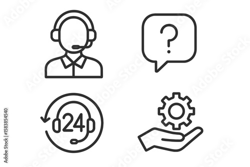 Customer service and support icon set. Line style web and mobile app icons for help and online assistance. Call center operator, 24-hour service, and technical support.