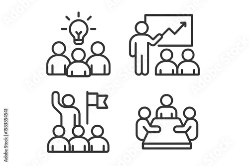 Business Workshop Team Building and Coaching Line Icons Set. Teamwork, Leadership, Brainstorming, Meeting, Training, Management, Collaboration, Success, Corporate Development, Office Communication