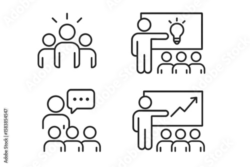 Business Workshop and Team Building Icon Set. Line Style Vector Illustrations of Leadership, Coaching, Teamwork, Training, Presentation, Communication, Management, Growth, and Collaboration Concepts