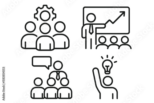 Set of 4 Business Workshop Line Style Web Icons for Mobile and Desktop Apps, Including Team Building, Teamwork, Coaching, Meeting, and Management Concepts