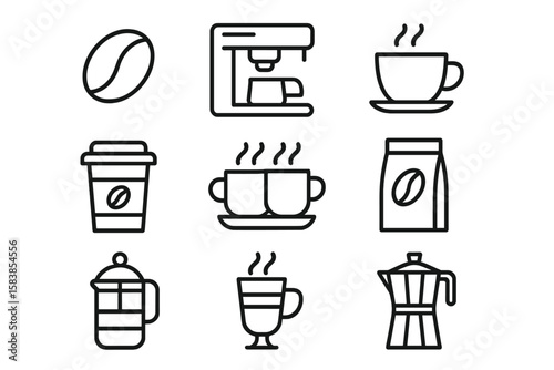 Coffee Line Icon Set with Simple Coffee Bean, Machine, Cup, Bag, and More for Café, App, Website, and Design Elements - Transparent PNG and Vector Illustration