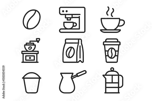 Modern Coffee Line Icon Set – Coffee Bean, Espresso Machine, Steaming Cup, Coffee Grinder, Takeaway Cup, Coffee Bag, Turkish Pot, Moka Pot, Minimalist Café and Coffee Shop Vector Elements