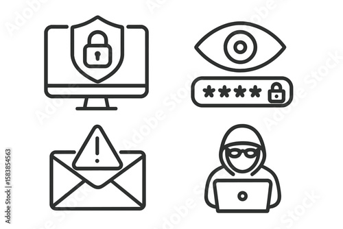 Cyber security icon set in line style. Internet and data protection symbols for web and mobile. Hacker, phishing, password, and network security vector illustration.