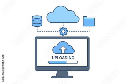 Cloud computing concept. Uploading files to network server. Data storage, processing, and backup service. Information transfer and hosting technology. Digital file management.