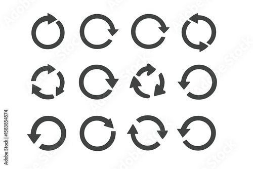 Arrow icon set for refresh, reload, rotation. Circular arrows pictogram collection. Loop, recycle, and update symbols. Simple flat vector graphic for web design UI UX.