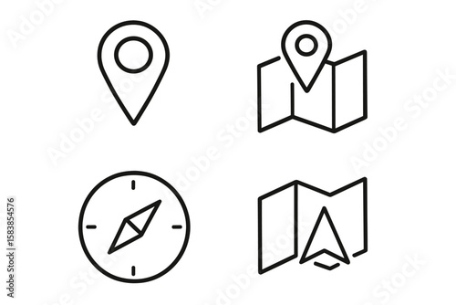 Navigation line icon set for travel and direction. Vector map, location pin, compass, and GPS route symbols. Simple outline pictogram for UI, UX, web, and mobile app.