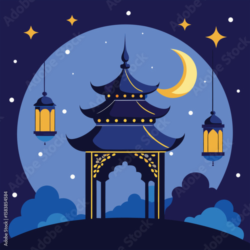 Enchanting  pagoda under a crescent moonlit night sky adorned with traditional lanterns and twinkling stars