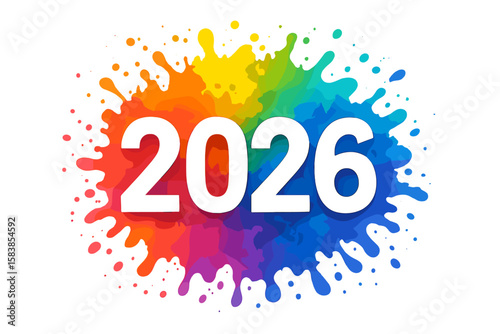 Vibrant Colorful 2026 New Year Text with Transparent Letters on Multicolor Paint Splash and Black Background for Website, Poster, Banner, Calendar Design Vector