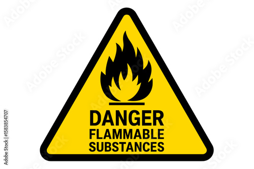 Danger flammable substances warning sign. Fire warning symbol in yellow triangle. Flammable materials safety icon. Hazard alert label for combustible liquids and gases vector.