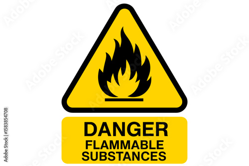 Danger flammable substances sign. Fire warning symbol in yellow triangle. Flammable materials hazard icon. Safety alert vector illustration isolated on white background.