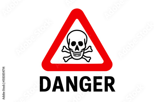Danger sign with skull and crossbones in red triangle. Warning symbol for toxic, poison, death, and hazard. Vector icon illustration for safety, alert, and caution.