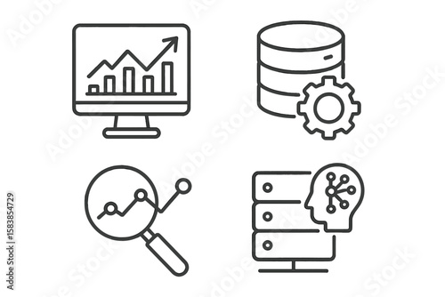 Data analytics line icon set. Big data analysis, statistics, and database processing icons. Machine learning, AI, and monitoring symbols for web and mobile apps. Vector.